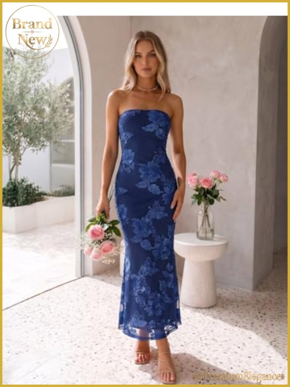 MEROKEETY Women Strapless 3D Floral Bodycon Maxi Dress Wedding Guest - Picture 2 of 6